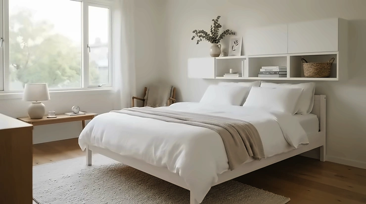 A quiet bedroom in a lakeside retreat featuring a whisper-quiet smart WiFi ductless AC for cottage maintaining ideal sleeping temperatures all night.