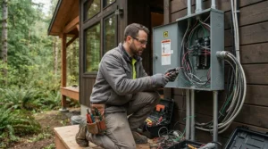 A licensed HVAC installer in safety gear wiring a smart WiFi ductless AC for cottage to meet local Canadian electrical and building codes.