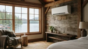 A sleek indoor unit of a smart WiFi ductless AC for cottage mounted on a wood-paneled wall, keeping the living room comfortable during a warm Ontario summer.
