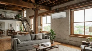 Multi-zone cooling in action, showing a smart WiFi ductless AC for cottage cooling an open-concept timber loft during a humid July afternoon.