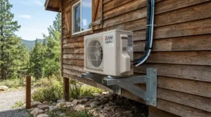 An outdoor compressor securely mounted on a sturdy mounting bracket above snow level, protecting the smart WiFi ductless AC for cottage from drifting snow.