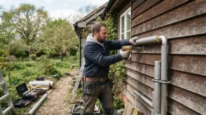 A technician carefully routing copper tubing for a smart WiFi ductless AC for cottage, utilizing pre-charged line set technology for efficient setup.