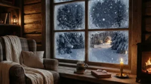Snowy pine trees outside a cozy cabin, highlighting how a smart WiFi ductless AC for cottage provides efficient heating during Canadian winter getaways.